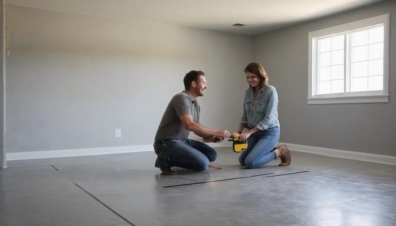 A homeowner and a local provider reviewing a gray basement concrete floor in Crystal Lake before coating